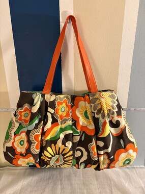 Giannini Retro Floral Print Large Tote Bag with Orange Handles